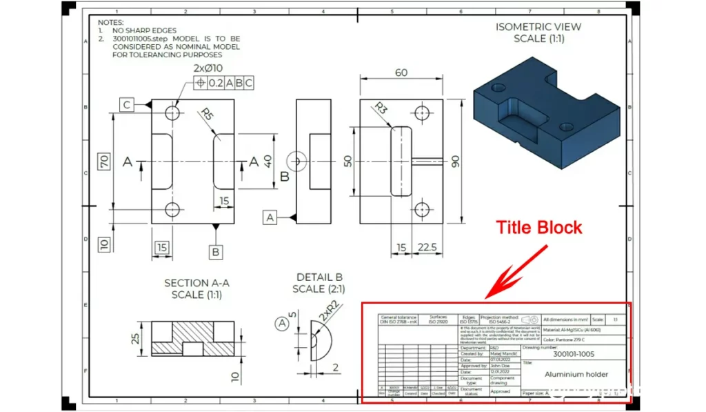 CNC加工部品の技術図面のタイトルブロック